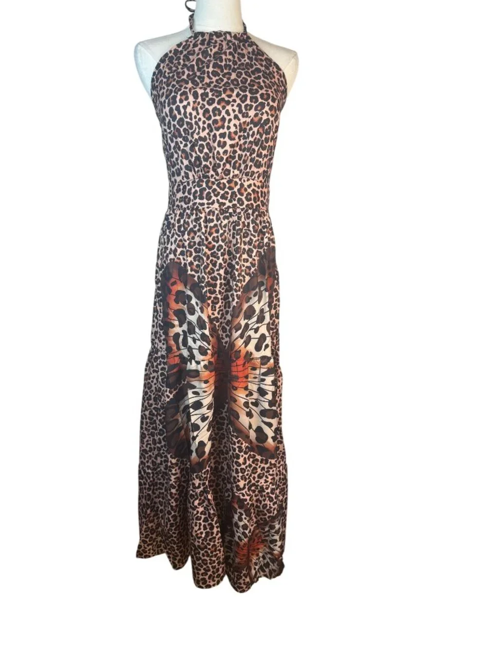 NEW Leopard M Print Boho Halter Maxi Dress Butterfly Detail Sleeveless - Picture 2 of 16